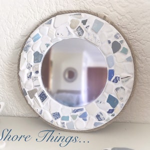 Specchio rotondo da 10" in ceramica blu e bianca, specchio da bagno, specchio nautico, decorazione da spiaggia