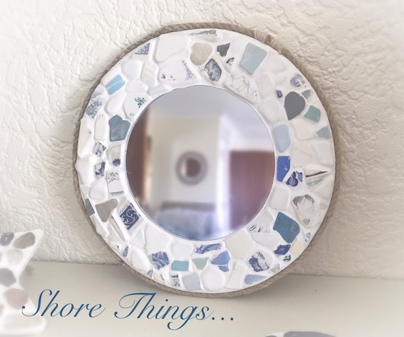 10 Round Blue and White Sea Pottery Mirror Bathroom - Etsy