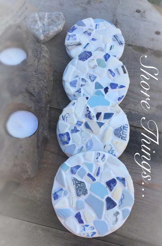 Nautique en verre bleu marine et blanc Shabby Chic Sous-Verres-Set de 4