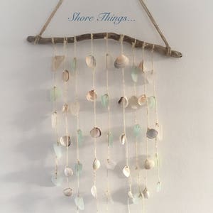Driftwood Sea Glass Shell Wind Chime Blues and Clear Beach Inspired Home Decor Wall Hanging Shabby Chic Natural Nautical Decor