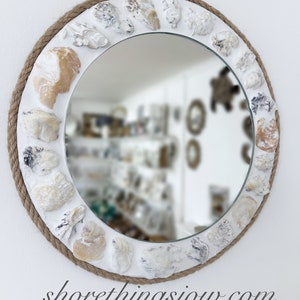 Sea Shell Mirror, oyster shells, coastal decor, beach style, 15” round mirror