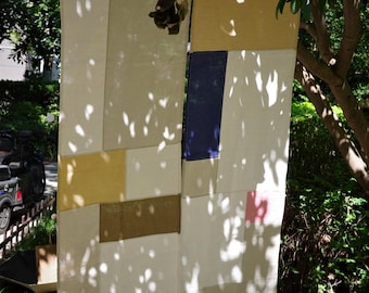 Cortina Noren geométrica Bauhaus - Cortina Noren moderna minimalista de lino con bloques de color - Cortina geométrica para puerta, separador de ambientes de estilo japonés