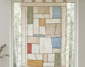 Cortina artesanal de ramio con patchwork: cortinas únicas cosidas a mano con bloques de color, estilo minimalista japonés y nórdico para ventanas.