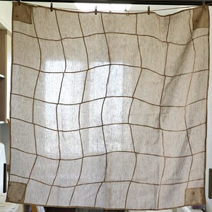 Linen Geometric Grid Curtain - Natural Beige/White Linen, Boho Farmhouse Window Hanging, Modern Minimalist Room Divider