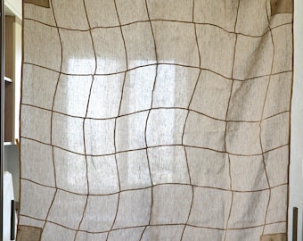 Rideau à carreaux géométriques en lin - Lin beige naturel/blanc, style bohème champêtre, séparateur de pièce minimaliste et moderne