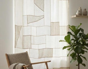 Voilage rustique patchwork sur mesure, rideau en lin personnalisé, style zen minimaliste