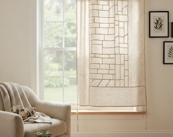 Cantonnière patchwork en lin biologique sur mesure, rideau de fenêtre artisanal en fibres naturelles, décoration rustique pour la maison