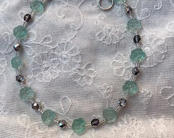 Aqua Rose  and Silver Beaded Necklace