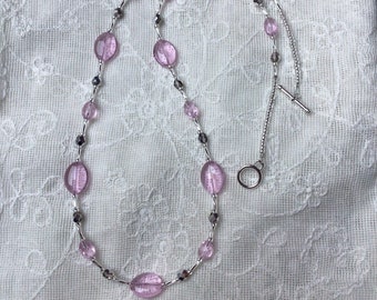 Pale Pink and Silver Long Beaded Necklace