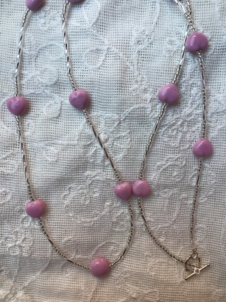 Pink and Silver Long Beaded Necklace