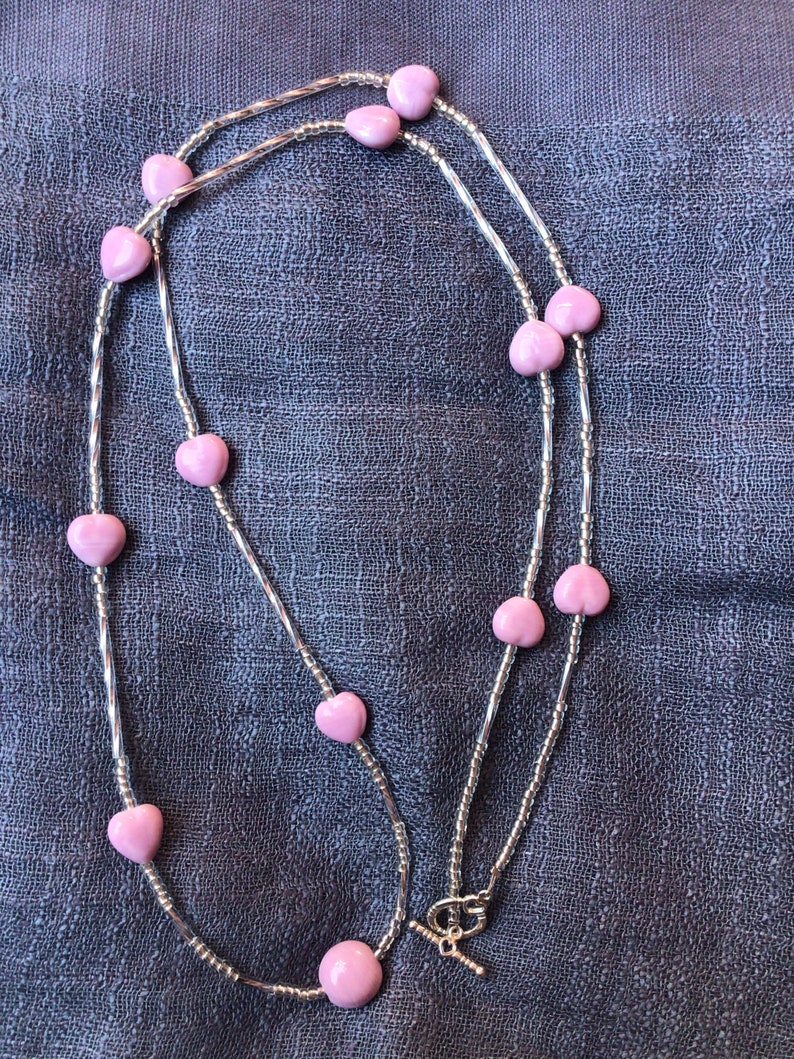 Pink and Silver Long Beaded Necklace