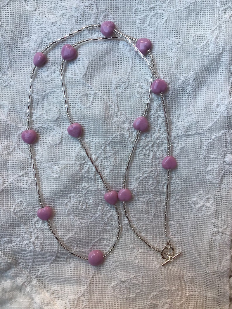Pink and Silver Long Beaded Necklace