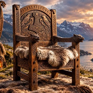 Puede incluir: Una silla de madera marrón oscuro con tallas intrincadas de dos cuervos y un símbolo de martillo central en el respaldo. Los reposabrazos están rematados con cabezas de lobo talladas y el asiento está cubierto con un cojín de piel marrón.