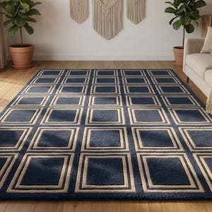 Navy Blue Geometric Wool Rug, Hand Tufted Square Grid Carpet, Transitional Living Room Decor, Modern Navy and Cream Area Rug
