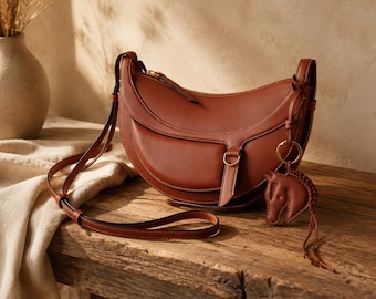 Brown Leather Saddle Bag, Equestrian Crossbody Purse with Horse Charm