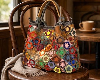 Bolso de mano de cuero con estampado floral colorido y diseño de patchwork, bolso tote vintage para mujer.
