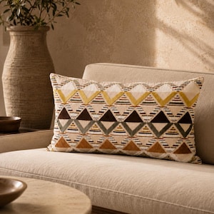 Embroidered Geometric Lumbar Pillow, Boho Earth Tone Cushion, Moroccan Sofa Decor (12x24)
