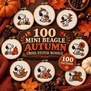 May include: A collection of eight circular embroidery hoops featuring cross-stitch designs of a beagle with autumn themes, surrounding a central wooden sign that reads 100 MINI BEAGLE AUTUMN CROSS STITCH BUNDLE and 100 PATTERNS.
