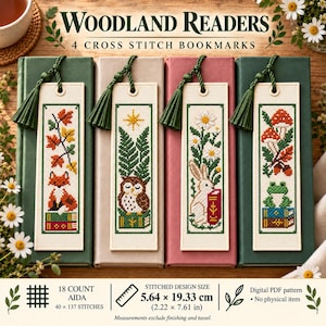 Lesezeichen „Waldleser“ – Kreuzstichmuster (PDF), 4 Lesezeichen-Designs, Farb- und Schwarzweiß-Vorlagen