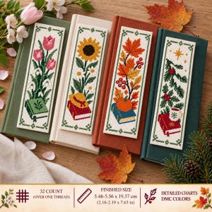 Puede incluir: Cuatro marcapáginas rectangulares de punto de cruz con diseños estacionales: tulipanes rosas, un girasol con sombrero, hojas de otoño con calabaza y acebo de invierno con taza. Cada marcapáginas mide 5,48-5,56 cm por 19,37 cm.