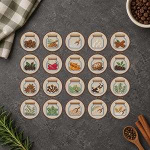 May include: A collection of twenty circular embroidery hoops arranged in a grid, each featuring a stitched illustration of a glass jar filled with various spices, herbs, grains, or coffee beans, set against a dark gray textured background.