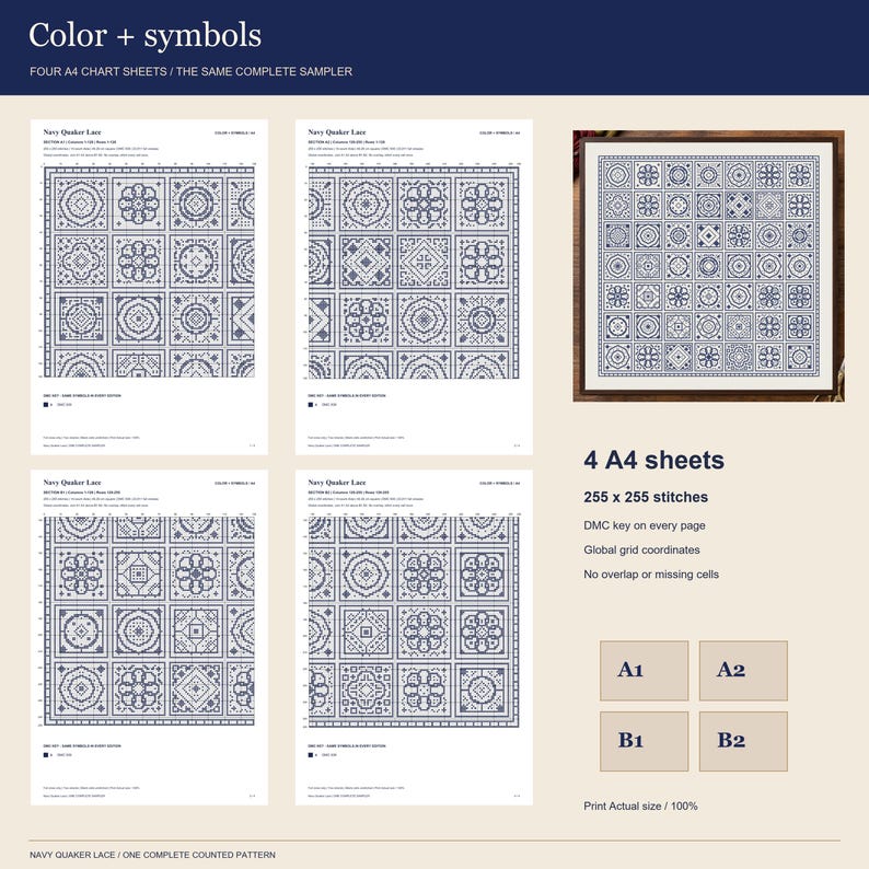 A4 Chart Pattern Navy Quaker Lace Cross Stitch Pattern, Navy Patchwork Sampler, 49 ...
