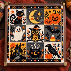 Halloween Folk Sampler Korsstygnsmönster, Häxa Owl Spöken (PDF)