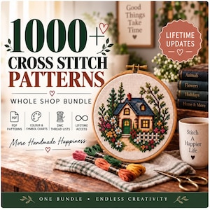 Pode incluir: Um pacote digital de 1000+ padrões de ponto cruz com um bastidor de madeira, fios coloridos e tesoura. O texto inclui 1000+ CROSS STITCH PATTERNS, WHOLE SHOP BUNDLE e LIFETIME UPDATES.