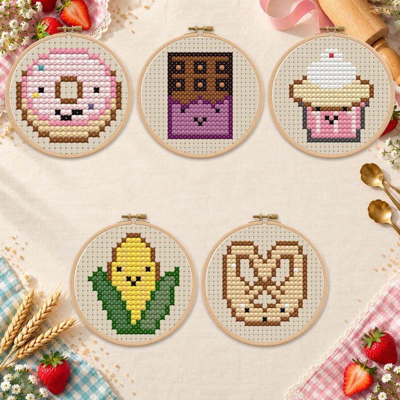 20 Tiny 20X20 1.5 Inch Mini Kawaii Food Snacks Cross Stitch Patterns ...