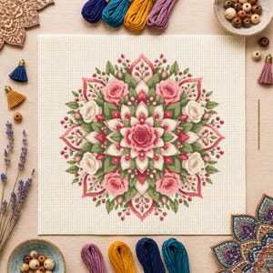 May include: A square piece of white Aida fabric featuring a cross-stitch pattern of a floral mandala. The design consists of pink and white roses, green leaves, and small red berries arranged in a symmetrical circular pattern on the fabric.