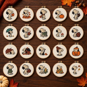 20 Mini Beagle Autumn Cross Stitch Patterns – Beginner PDF Bundle (Digital Download), Ornaments