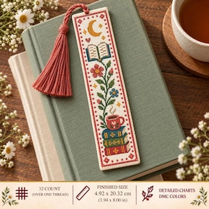 May include: A rectangular cross-stitch bookmark featuring a vertical design of stacked books, a steaming mug, a flower, and a crescent moon. The bookmark has a red tassel at the top and measures 1.94 by 8.00 inches as indicated by the text.