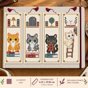 4 Bibliotheek Katten Boekenlegger Kruissteekpatronen Bundel, 14 Count Aida PDF