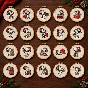 May include: A collection of twenty circular wooden embroidery hoops, each containing a cross-stitch pattern of the character Snoopy wearing a red Santa hat. The designs feature various holiday themes including gifts, stockings, and Christmas trees.