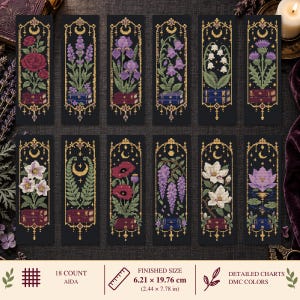 May include: Twelve rectangular cross-stitch patterns on a black background, each featuring a different flower growing from stacked books within a gold ornate frame. The finished size is 2.44 by 7.78 inches, designed for 18 count Aida fabric.