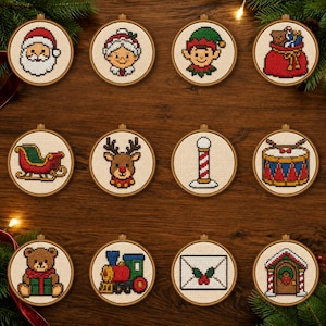 May include: Twelve circular wooden embroidery hoops containing cross-stitch patterns of Christmas icons including Santa Claus, Mrs. Claus, an elf, a gift sack, a sleigh, a reindeer, a candy cane, a drum, a teddy bear, a train, an envelope, and a house.