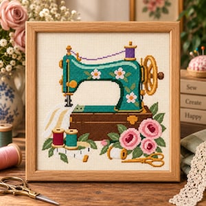 May include: A framed cross-stitch embroidery featuring a teal sewing machine decorated with white flowers, positioned above a brown base. The design includes pink roses, two spools of thread in red and teal, and gold-colored scissors.