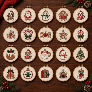 May include: A collection of twenty circular wooden embroidery hoops containing cross-stitch designs with Christmas themes. The patterns include a puppy, Santa Claus, a snowman, a paw print, a gingerbread house, a candy cane, and a tree.