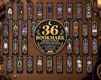May include: A collection of 36 rectangular cross stitch patterns for bookmarks, featuring diverse illustrations like ghosts, skulls, flowers, and fantasy elements. A central circular label reads 36 BOOKMARK CROSS STITCH PATTERN BUNDLE, 18 COUNT AIDA, FINISHED SIZE 6.21 x 19.76 cm.