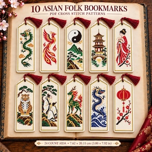 May include: A collection of 10 Asian folk bookmark cross stitch patterns on a book page. Designs include a dragon, phoenix, yin-yang, pagoda, person in kimono, tiger, scholar, qilin, blue dragon, and lantern. Each bookmark has a red tassel.