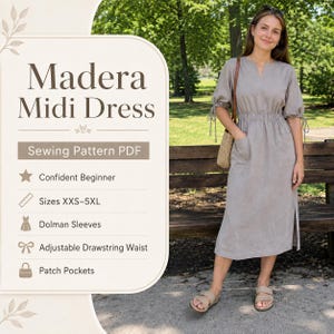 Könnte beinhalten: Ein beiges Midikleid mit V-Ausschnitt, Dolman-Ärmeln mit Bindebändern, einer elastischen Taille mit Kordelzug und zwei aufgesetzten Taschen. Der Text lautet Madera Midi Dress, Sewing Pattern PDF, Confident Beginner, Sizes XXS-5XL.