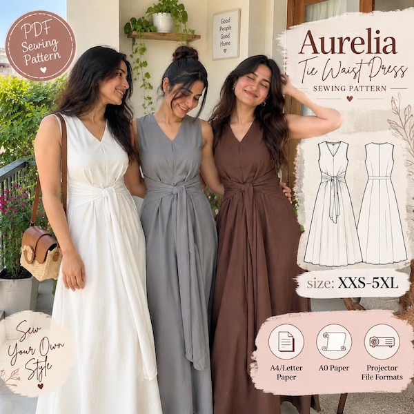May include: A digital sewing pattern for the Aurelia Tie Waist Dress, available in sizes XXS-5XL. The image displays three sleeveless dresses in white, gray, and brown, each featuring a V-neckline and a tie-waist detail, alongside technical line drawings.