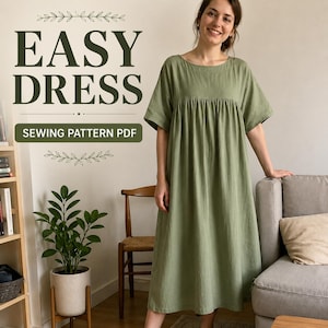 May include: A sage green midi dress with short sleeves, a round neckline, and a gathered bodice. The text EASY DRESS SEWING PATTERN PDF is displayed in dark green lettering on the left side of the image, accompanied by decorative line art.