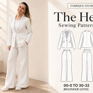 Può includere: Cartamodello The Heir di Fabrique Studio Co. con blazer a righe bianche e pantaloni a gamba larga. L'immagine include disegni tecnici del davanti e del retro della giacca e dei pantaloni, con taglie dalla 00-0 alla 30-32 per principianti.