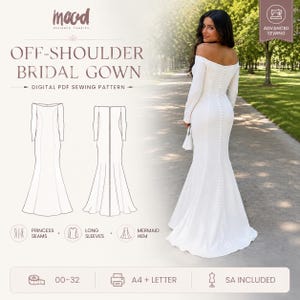 May include: A digital PDF sewing pattern for an off-shoulder bridal gown with long sleeves, princess seams, and a mermaid hem. The design features a row of buttons down the back. Includes sizes 00-32, A4 and letter formats, and seam allowance.