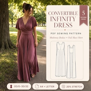 May include: A mauve infinity dress with a V-neckline and short sleeves, shown in a PDF sewing pattern with 5 pattern pieces, a multiway bodice, a full maxi skirt, A4 and letter paper sizes, and a 20% stretch fabric requirement.