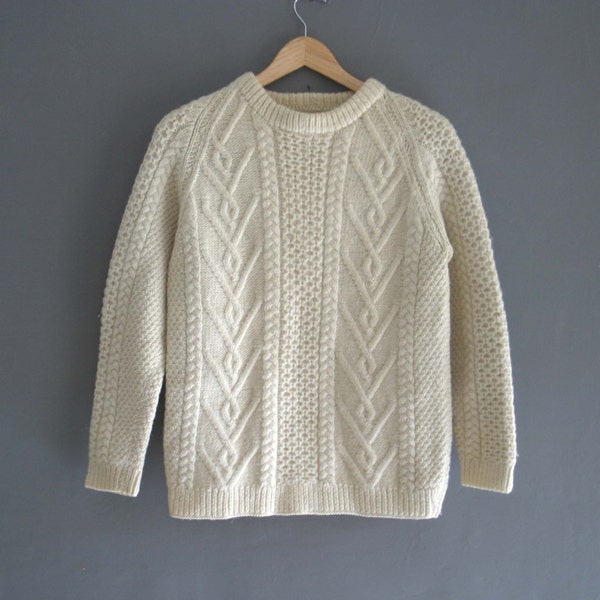 Wool Hand Knitted Aran Jumper Small / Slim Fit