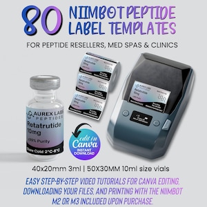 May include: A digital product set featuring 80 Niimbot peptide label templates for 40x20mm 3ml and 50x30mm 10ml vials. Includes a glass vial with a Retatrutide label, a roll of labels, and a Niimbot label printer. Text includes Aurex Labs Peptides.