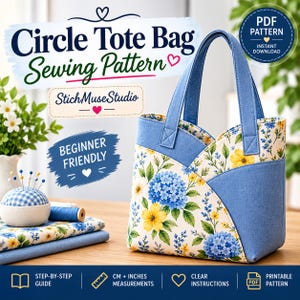 May include: A tote bag sewing pattern featuring a floral print with blue hydrangeas and yellow flowers, accented by solid blue fabric panels. The text reads Circle Tote Bag Sewing Pattern, StichMuseStudio, Beginner Friendly, and PDF Pattern.