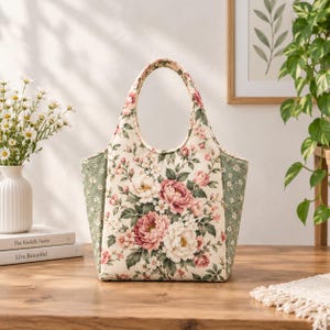 May include: A tote bag featuring a cream-colored center panel with a large pink and white floral print, flanked by sage green side panels with a small white flower pattern. The bag has two integrated handles and a structured, upright silhouette.